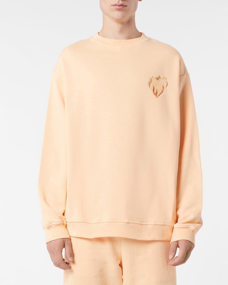 PEACH CREWNECK WITH EMBROIDERED FLAMING HEART - Vision of Super