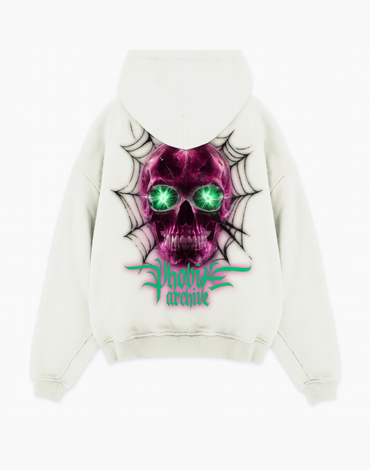 WHITE HOODIE WITH FRONT LOGO PRINT AND BACK SKULL PRINT