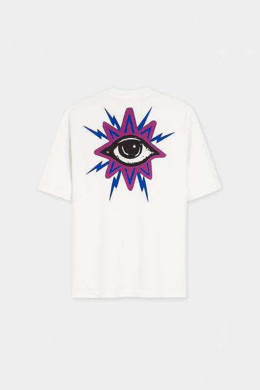 WHITE T-SHIRT WITH FRONT LOGO PRINT AND BACK LIGHTNING EYE PRINT