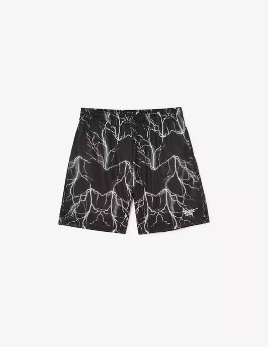 BLACK BASKET SHORTS WITH WHITE LIGHTNING ALL OVER AND EMBROIDERED LOGO