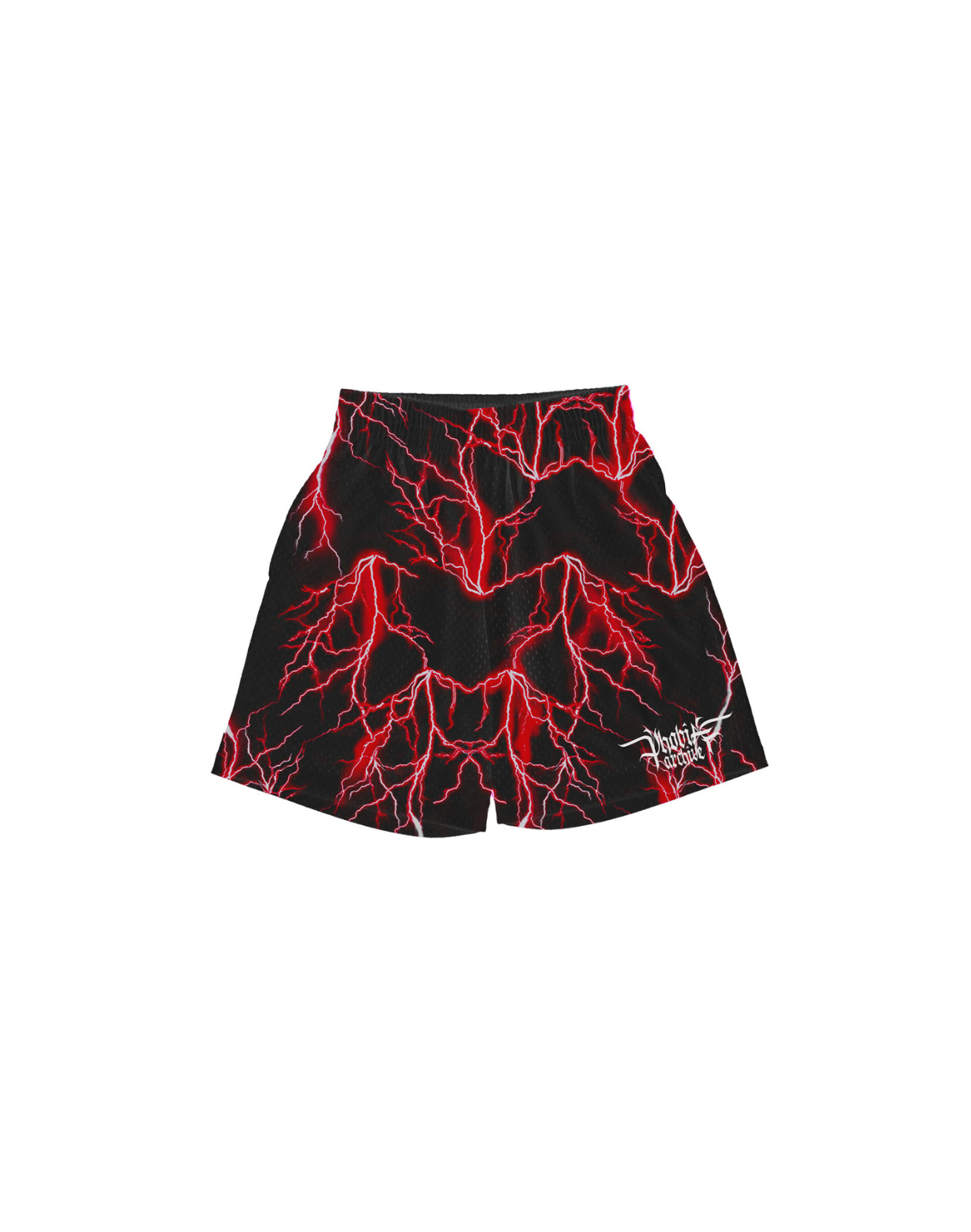BLACK BASKET SHORTS WITH RED LIGHTNING ALL OVER AND EMBROIDERED LOGO