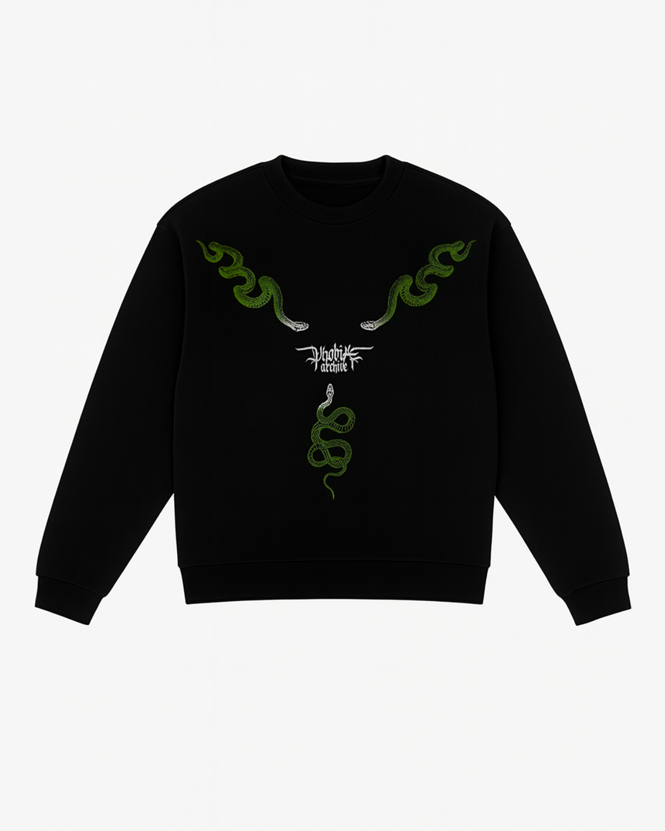 BLACK CREWNECK WITH GREEN TRIPLE SNAKE PRINT