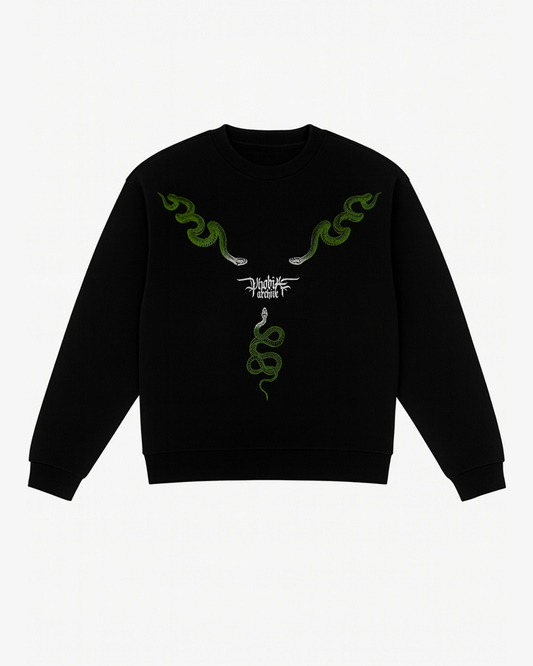 BLACK CREWNECK WITH GREEN TRIPLE SNAKE PRINT