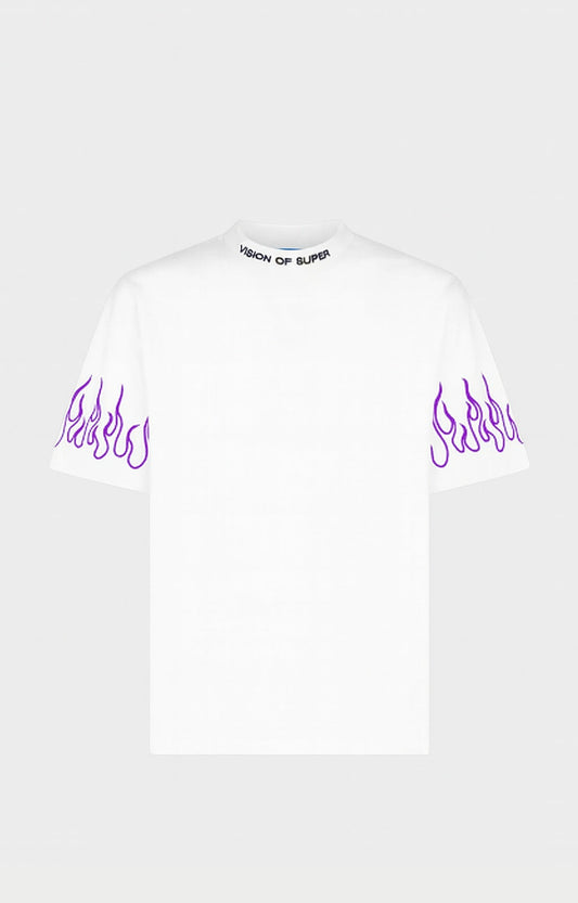 OFF WHITE T-SHIRT WITH EMBROIDERED PURPLE FLAMES AND BLACK LOGO