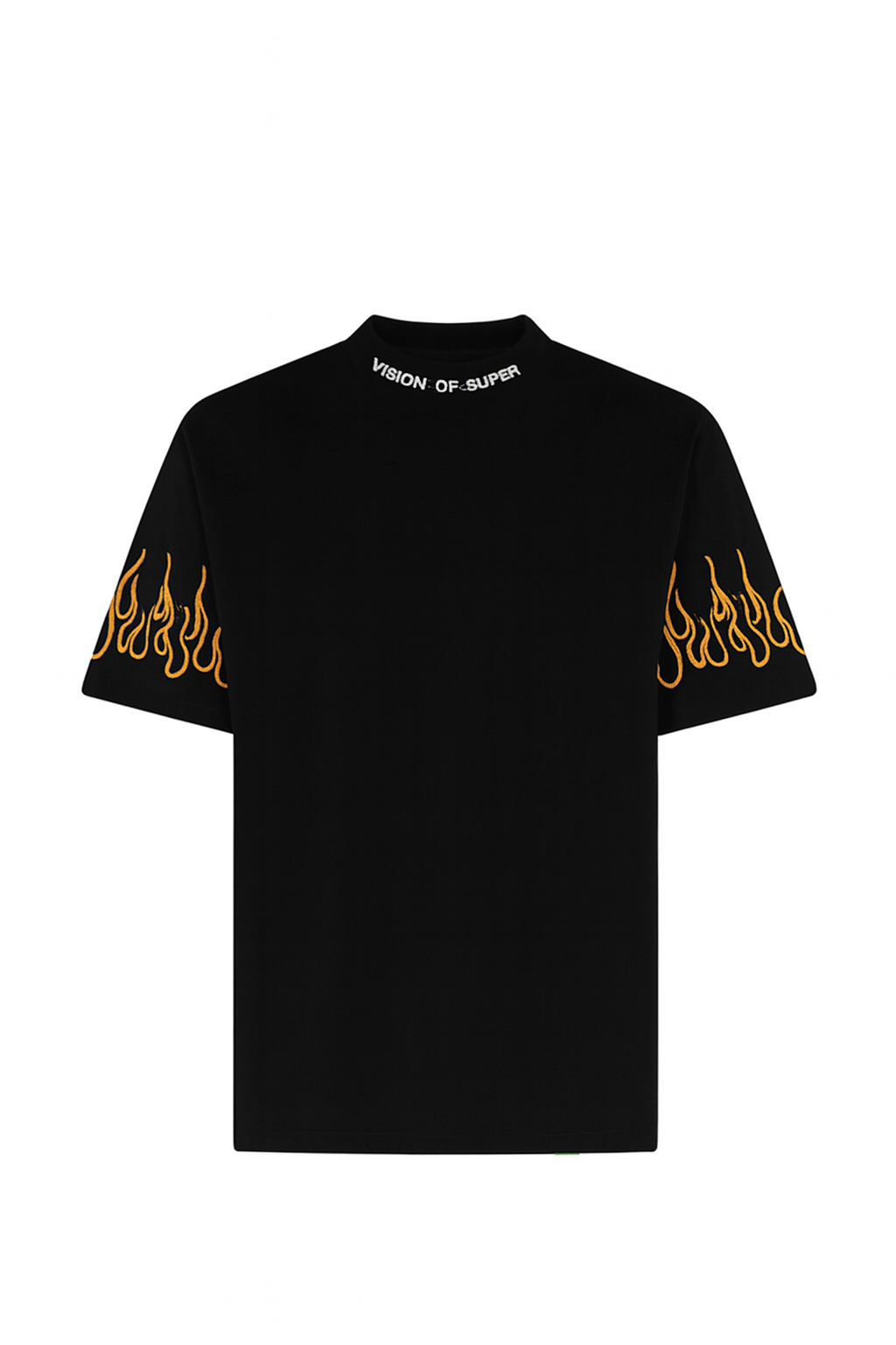 BLACK T-SHIRT WITH EMBROIDERED ORANGE FLAMES AND WHITE LOGO