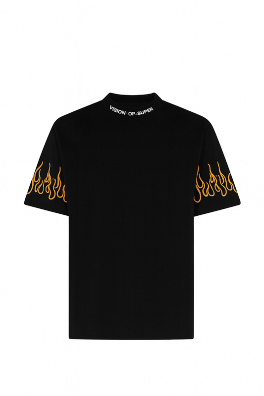BLACK T-SHIRT WITH EMBROIDERED ORANGE FLAMES AND WHITE LOGO