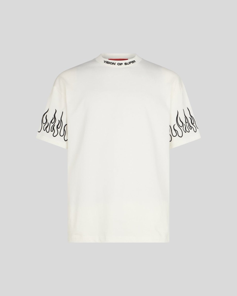 WHITE T-SHIRT WITH BLACK EMBROIDERED FLAMES - Vision of Super