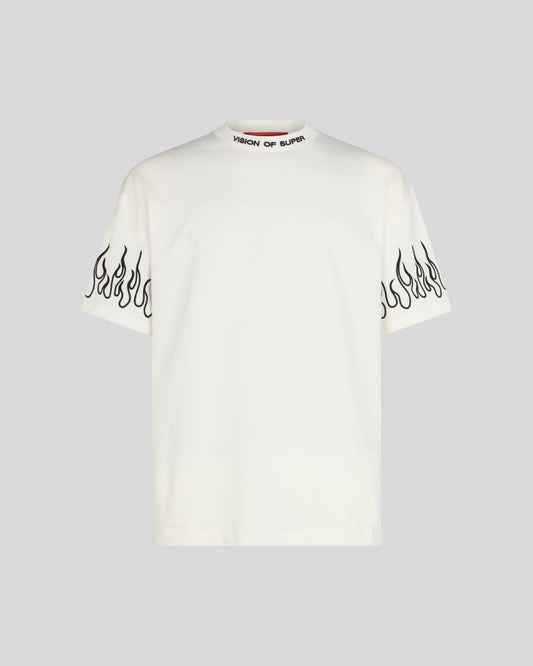 WHITE T-SHIRT WITH BLACK EMBROIDERED FLAMES - Vision of Super