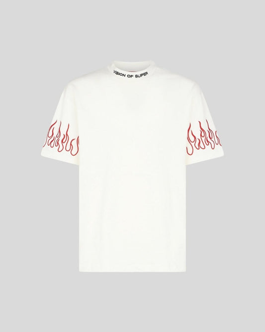 WHITE T-SHIRT WITH RED EMBROIDERED FLAMES - Vision of Super